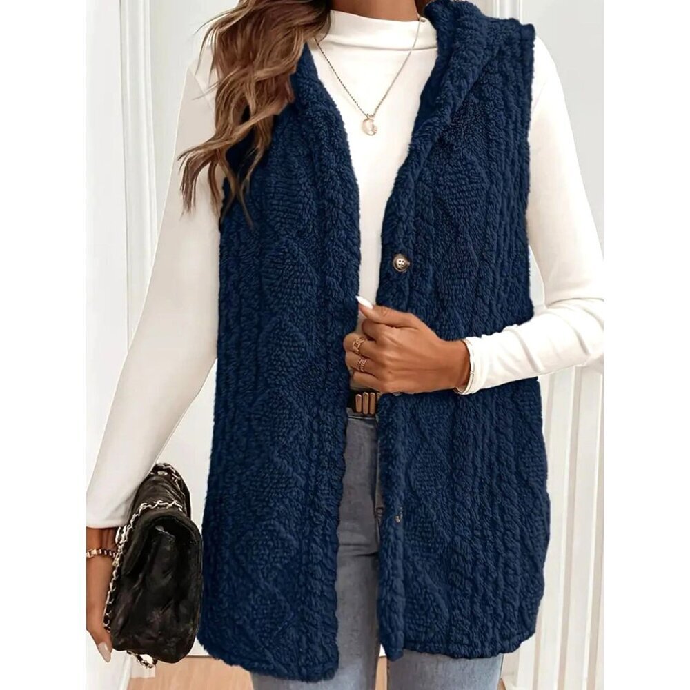 Navy Hooded Plush Vest With Buttons Sleeveless  Outerwear S-XXL Sizes